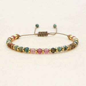 Multi Semi Precious Gemstone Crystal Beaded Bracelet Adjustable Boho Earth Tones